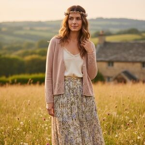 Vintage Cottagecore Bohemian Prairie Rayon Tan Long Sleeve Cardigan Medium